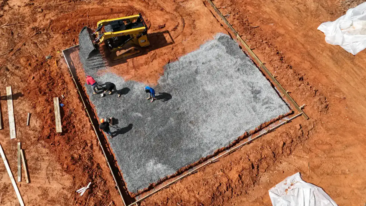 Aerial view of Battlefield Services metal garage foundation work in Culpeper