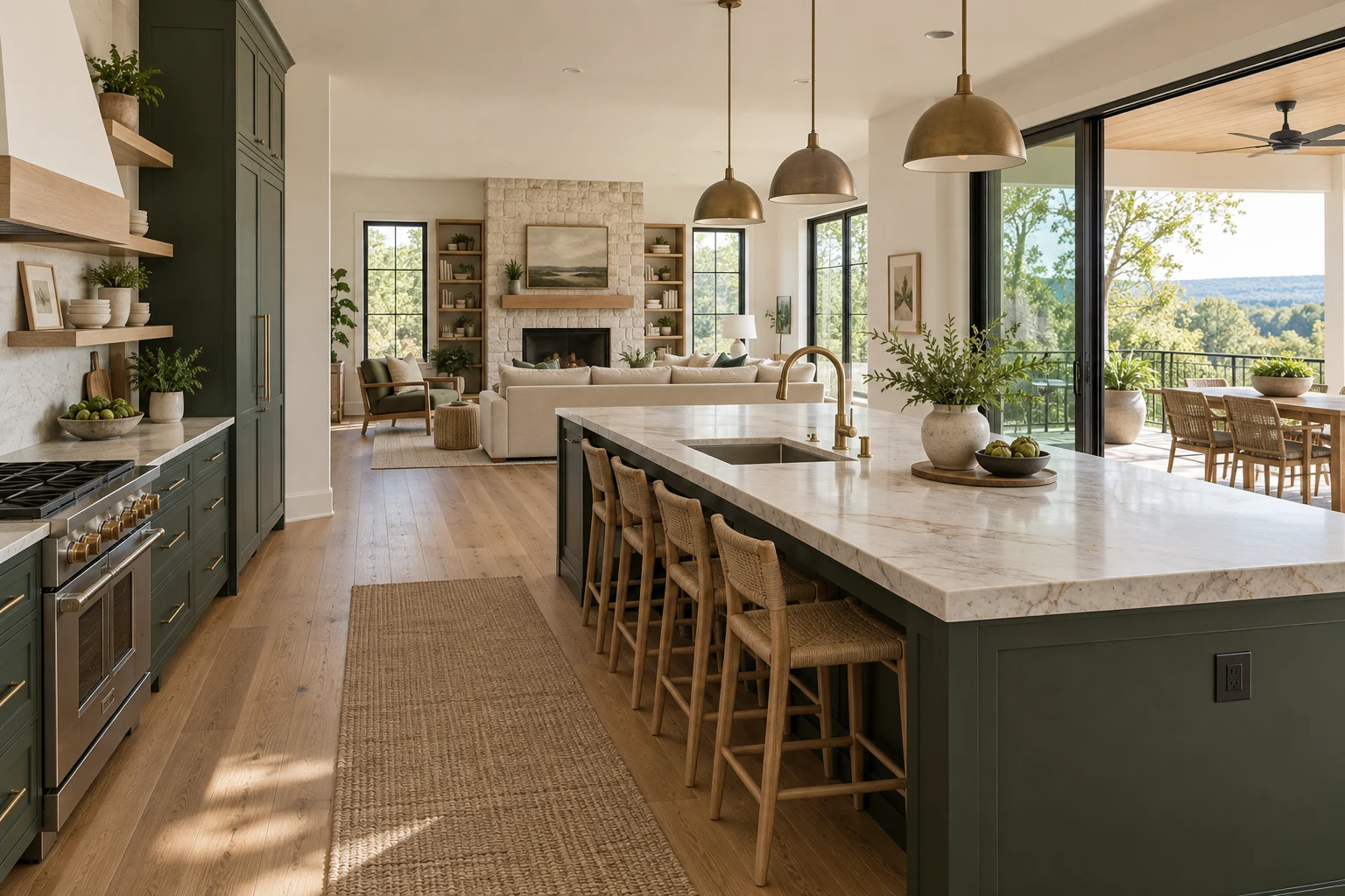Kitchen design inspiration with green cabinetry, an oak floor, and a bright open living space