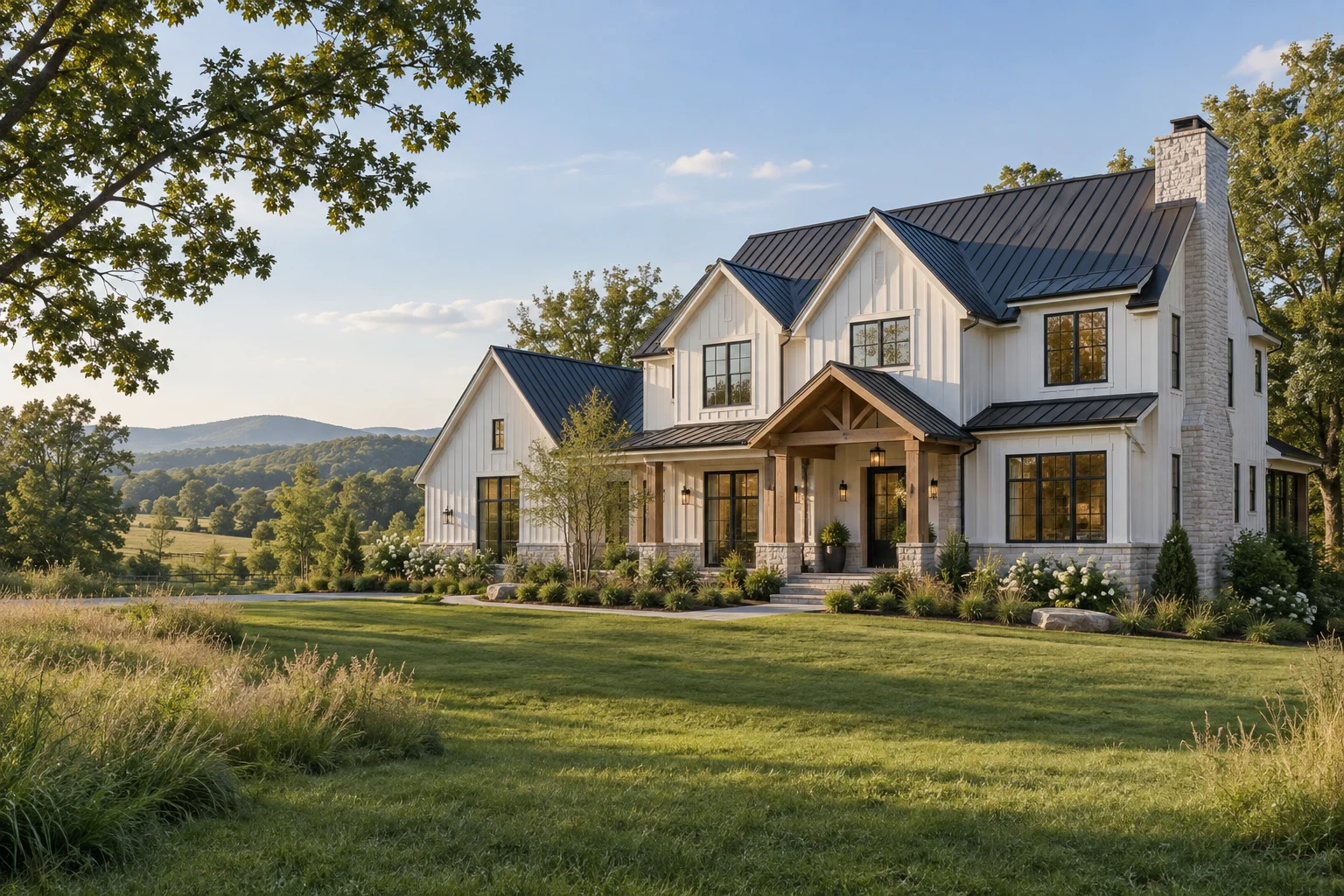 Modern farmhouse design with a covered porch and a Virginia countryside setting